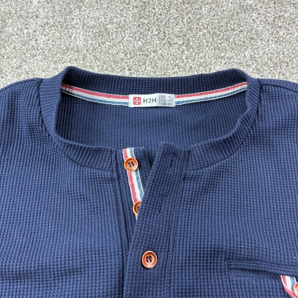 H2H Mens Navy‎ Blue Waffle Knit Henley Long Sleeve Shirt XL Pocket Thermal